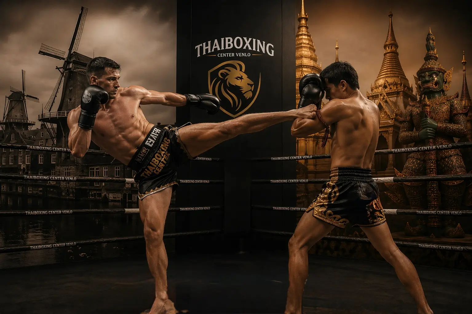 Twee vechters in een intense confrontatie die het verschil tussen muay thai en Nederlands kickboksen laten zien met een krachtige trap en blokkering in een ring met THaiboxing Center Venlo branding